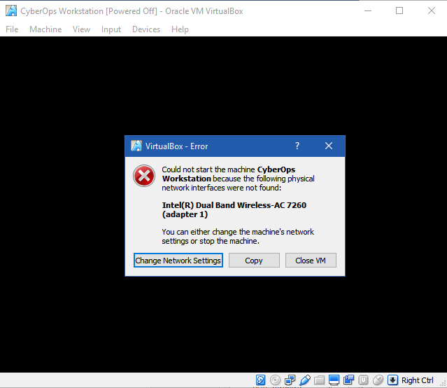 Screen shot of VirtualBox - Error Message when network adapter needs modified