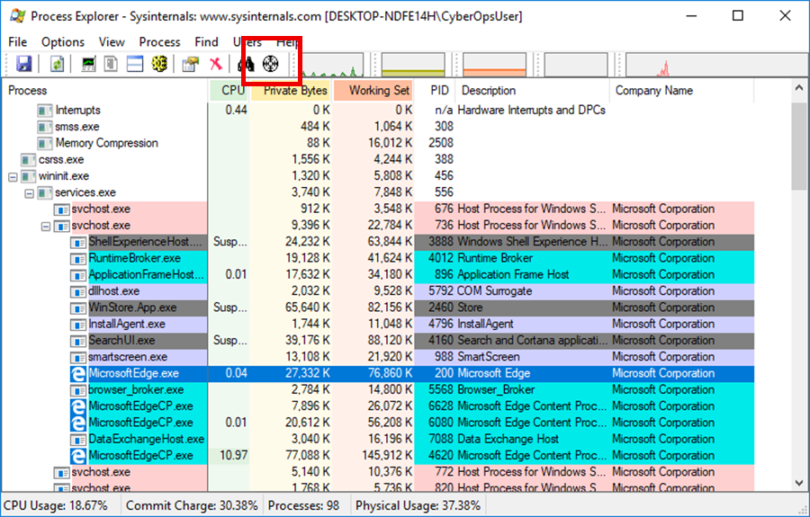 This screenshot highlights the Find Window's Process icon. Screenshot shows the result of using the Window's Process icon. Microsoft Edge is highlighted.